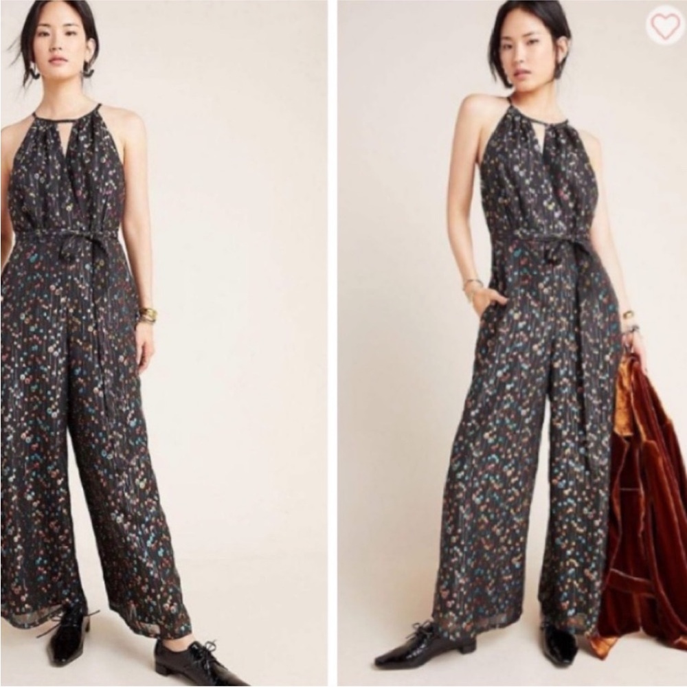 Anthropologie Eva Franco Metallic Multicolor Dot Wide Leg Jumpsuit Size 6